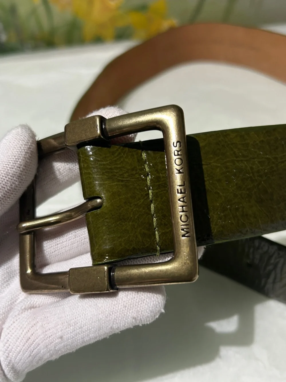 Michael Kors Olive Green Wide Crinkle Patent Leather Belt with Brass Buckle